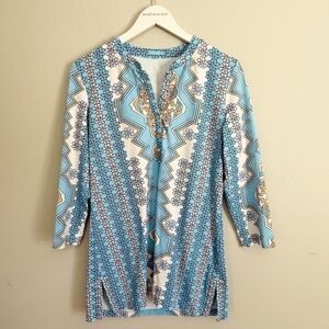 J MCLAUGHLIN Women’s Blue Print BISCAYNE Tunic CATALINA CLOTH 3/4 Sleeve Sz M